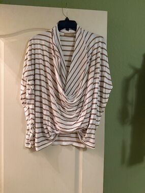Language Striped Draped Cowl Top in White and Tan